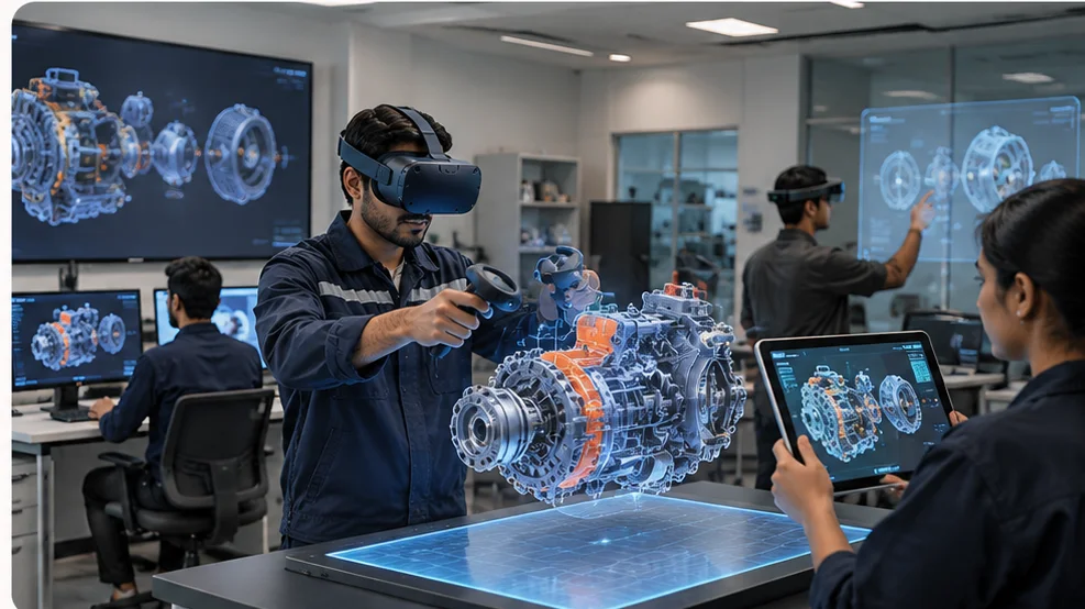 Learner using a VR headset with a 3D engine model
